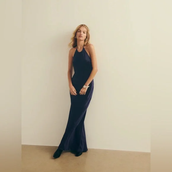 NEW Reformation Jeany Silk Long Dress Backless Formal Navy | Size M - Picture 5 of 13